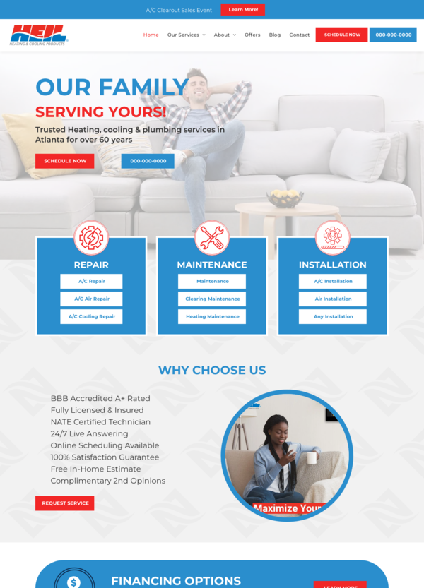 Homepage for a heating and plumbing company in Atlanta, featuring a family, blue and white design.