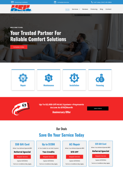 Homepage for H2P HVAC services: Couple on couch, service icons, special offers.