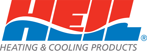 HEIL Heating & Cooling Products logo. Red stylized letters over blue, with a wave design.