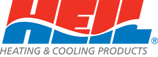 HEIL Heating & Cooling Products logo. Red stylized letters over blue, with a wave design.