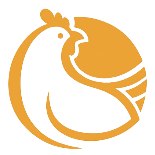 Logotipo de pollo estilizado naranja y blanco sobre un fondo circular.