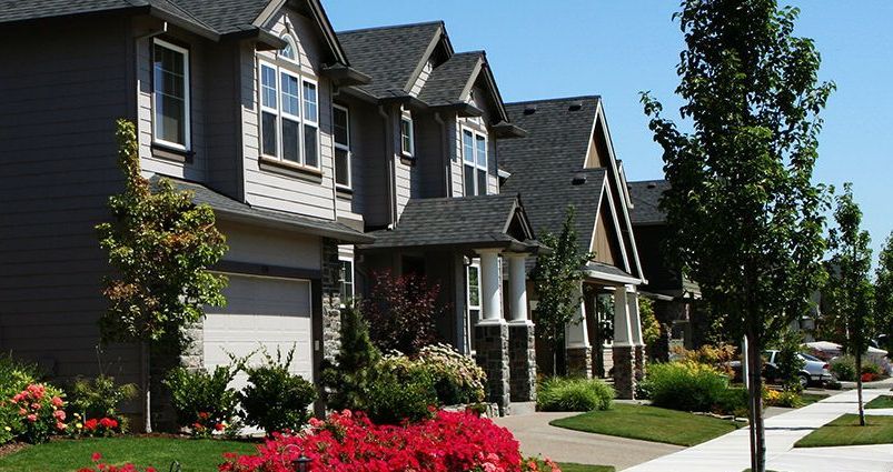 Row of modern houses with manicured lawns and colorful landscaping.