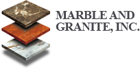 Logo of "Marble and Granite, Inc." with stacked stone tiles and text.