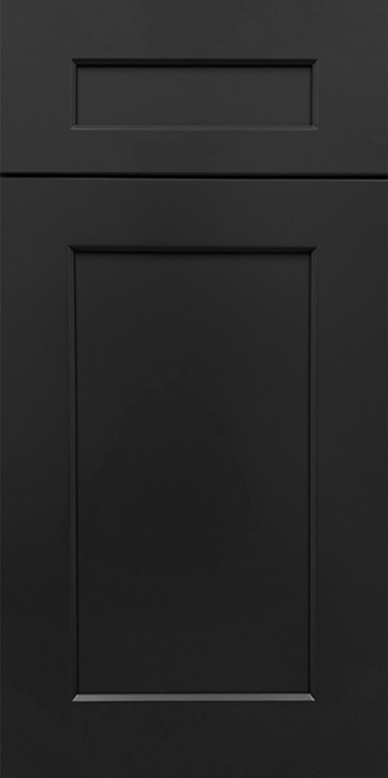 Black cabinet door with a recessed panel and a horizontal decorative accent at the top.