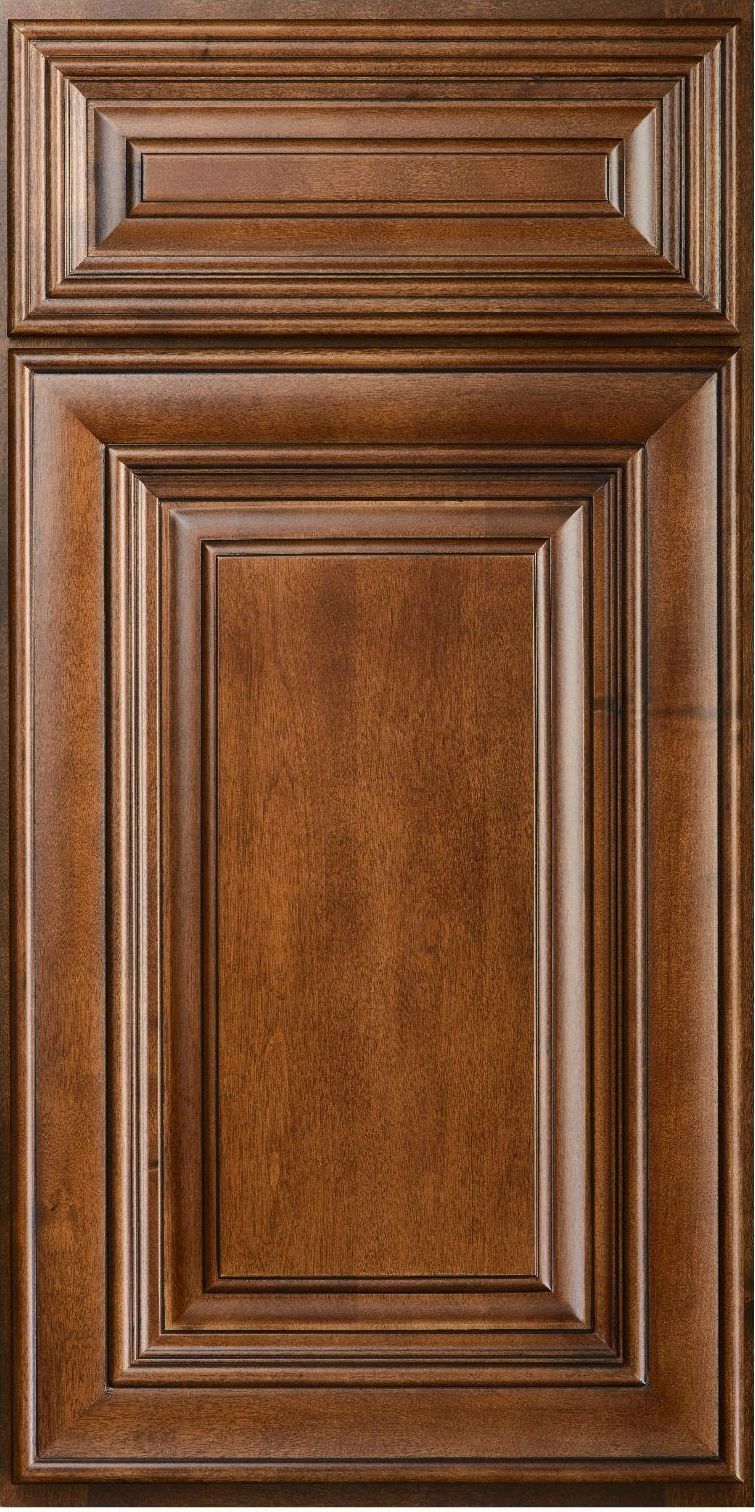 Brown, raised-panel kitchen cabinet door.