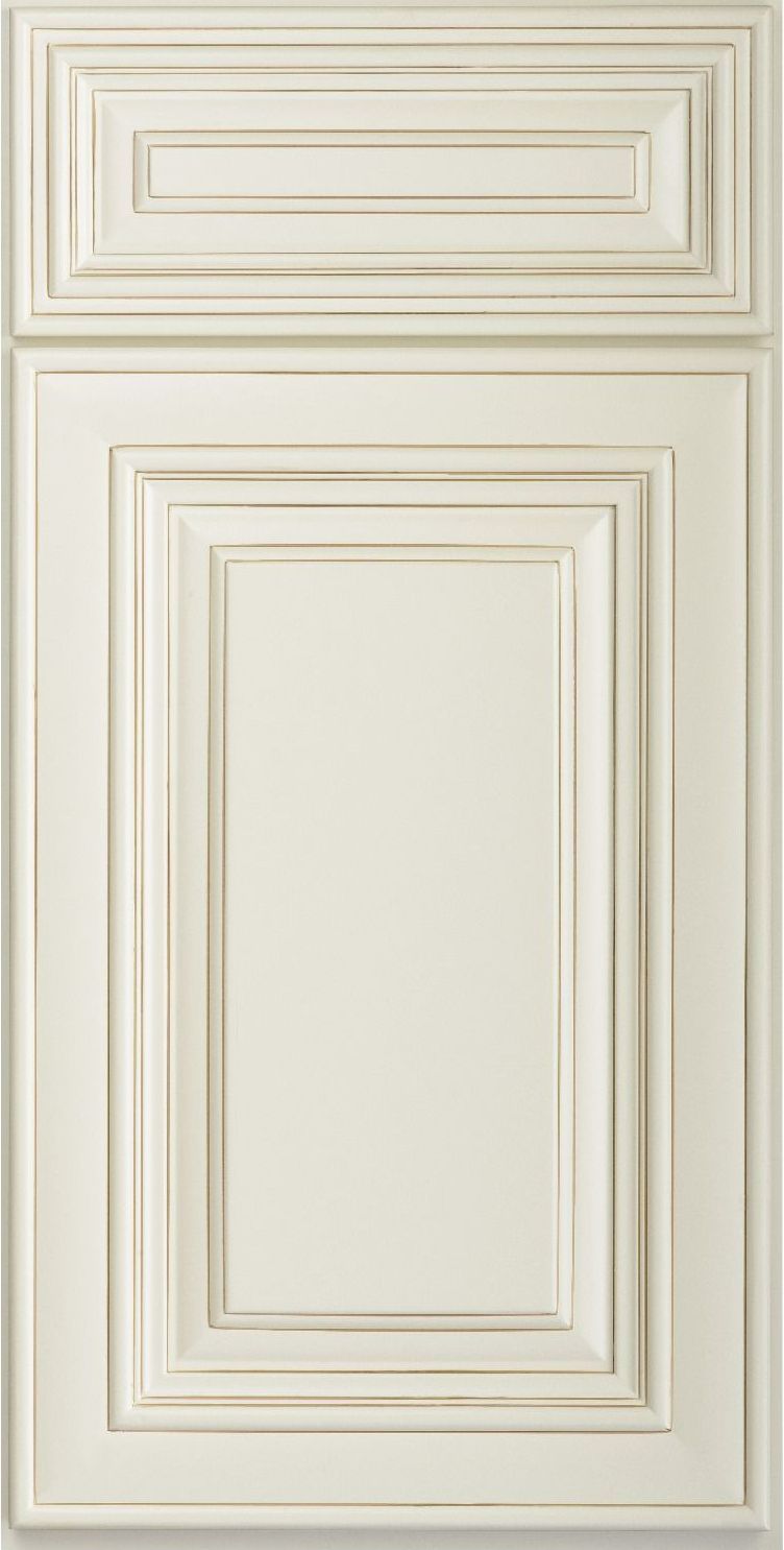Cream-colored cabinet door with raised panel and layered, rectangular design.