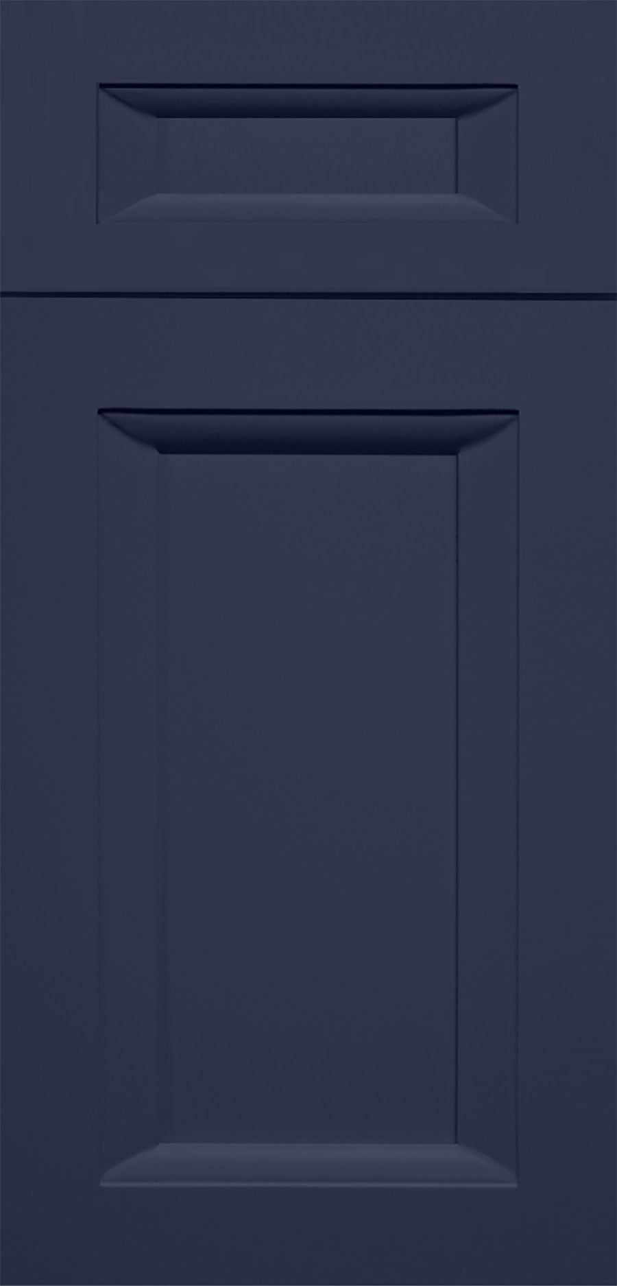 Navy blue kitchen cabinet door with recessed paneling and molding details.