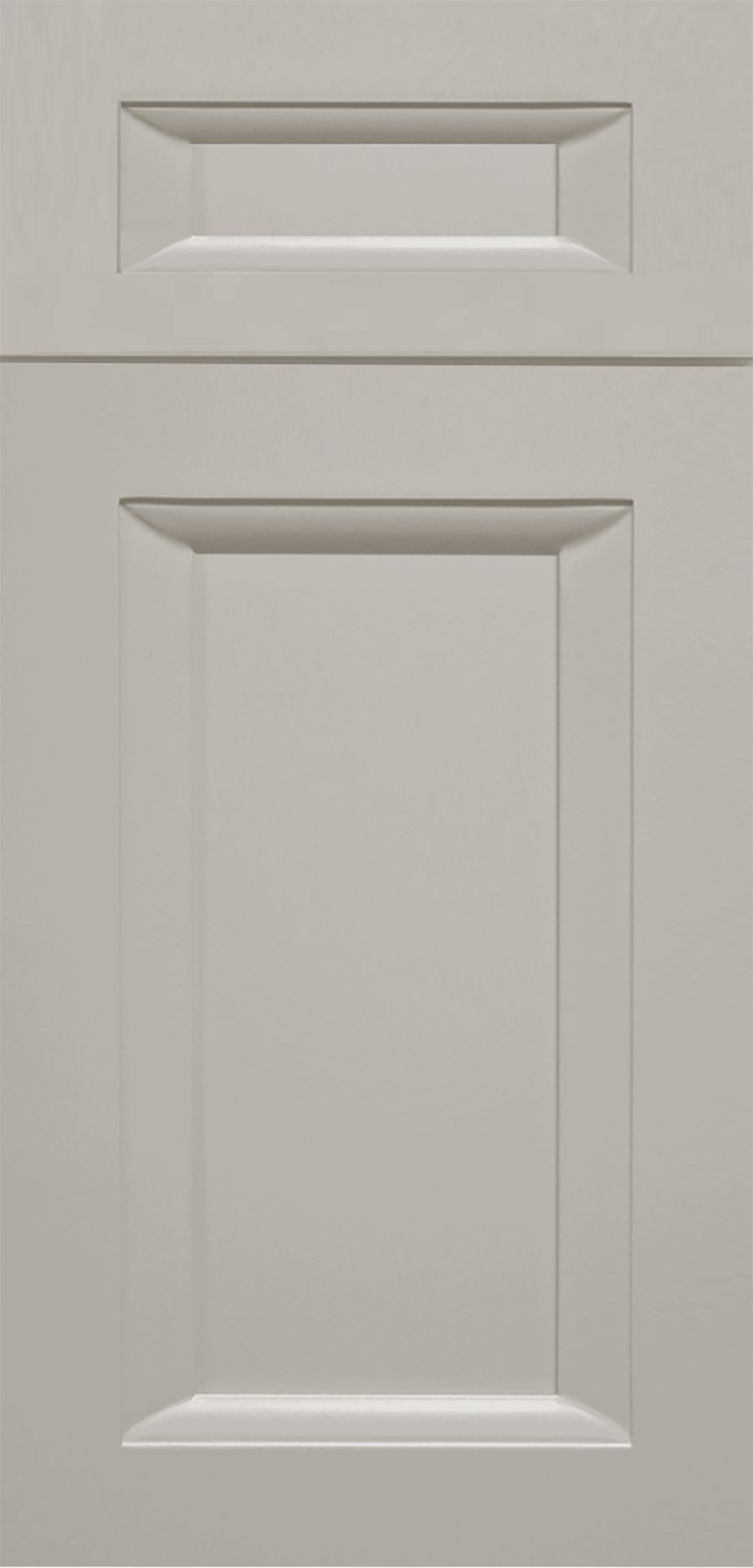 Close-up of a light gray cabinet door with a raised panel and beveled edges.
