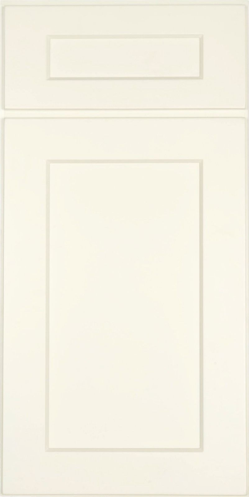 Cream-colored kitchen cabinet door with a rectangular raised panel in the upper and lower sections.