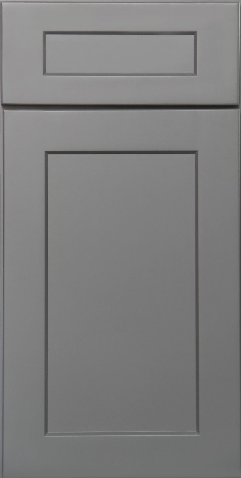 Gray cabinet door with recessed panel and a smaller rectangular panel above.