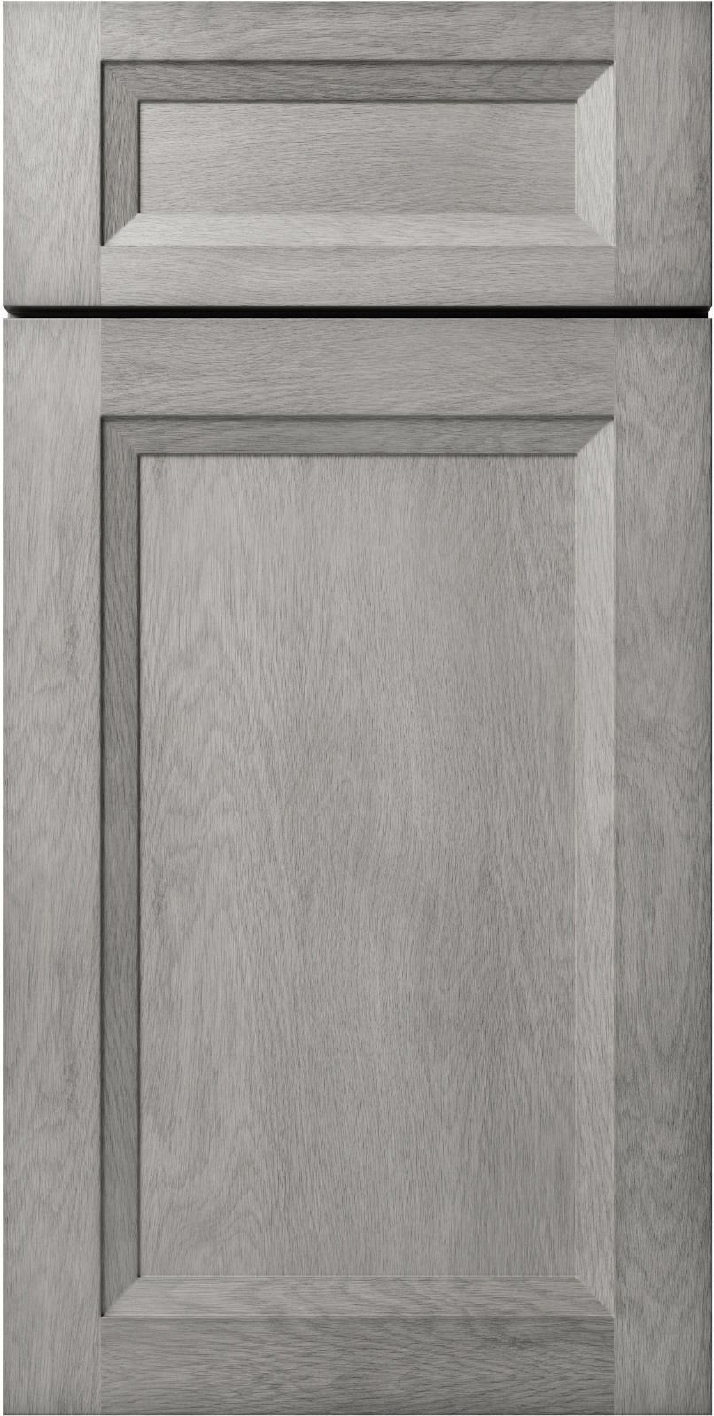 Gray kitchen cabinet door with recessed panel.