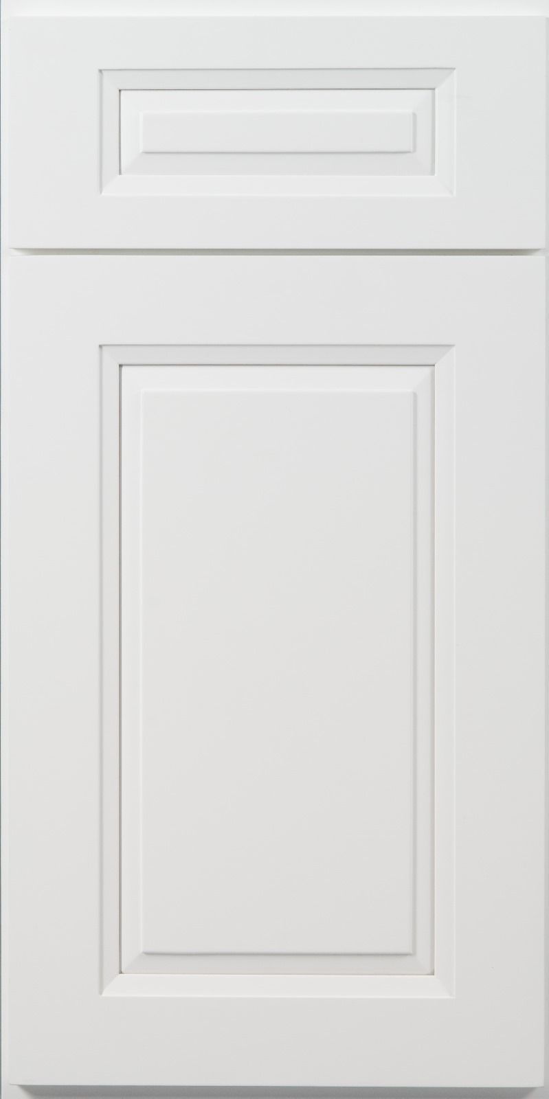 White kitchen cabinet door with recessed panel and decorative molding.