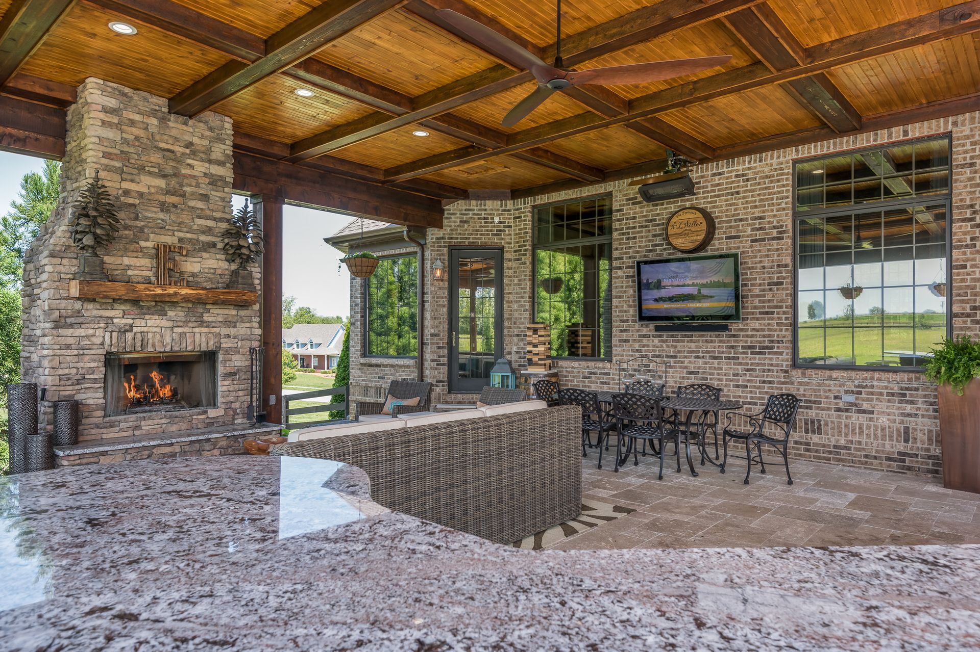 There is a fireplace in the middle of the room.