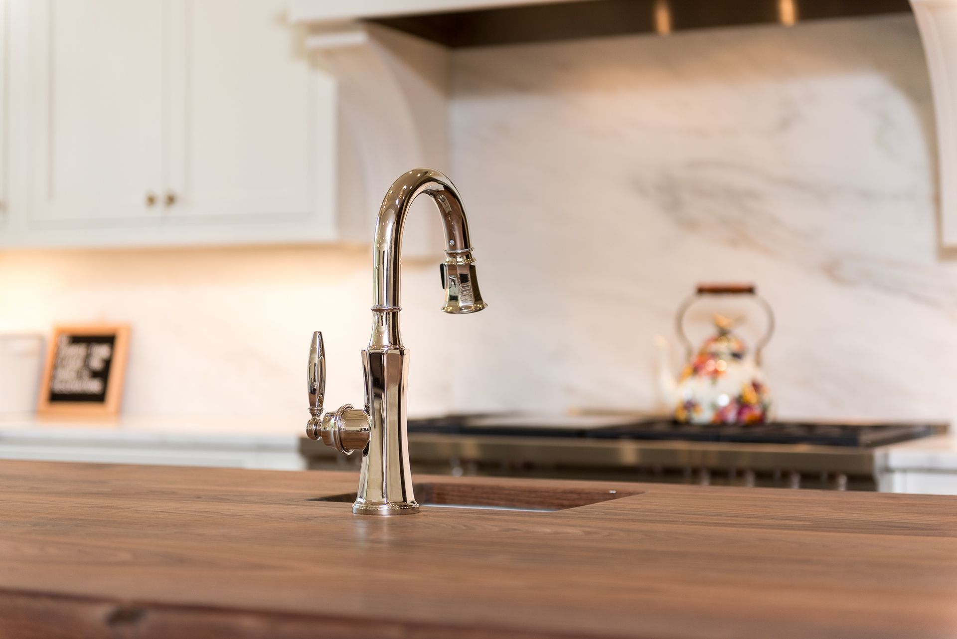 A kitchen sink with a faucet and a tea kettle in the background.