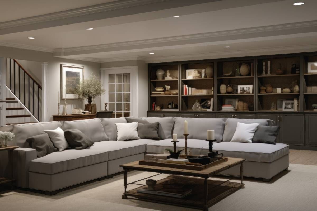 A living room with a large sectional couch and a coffee table.