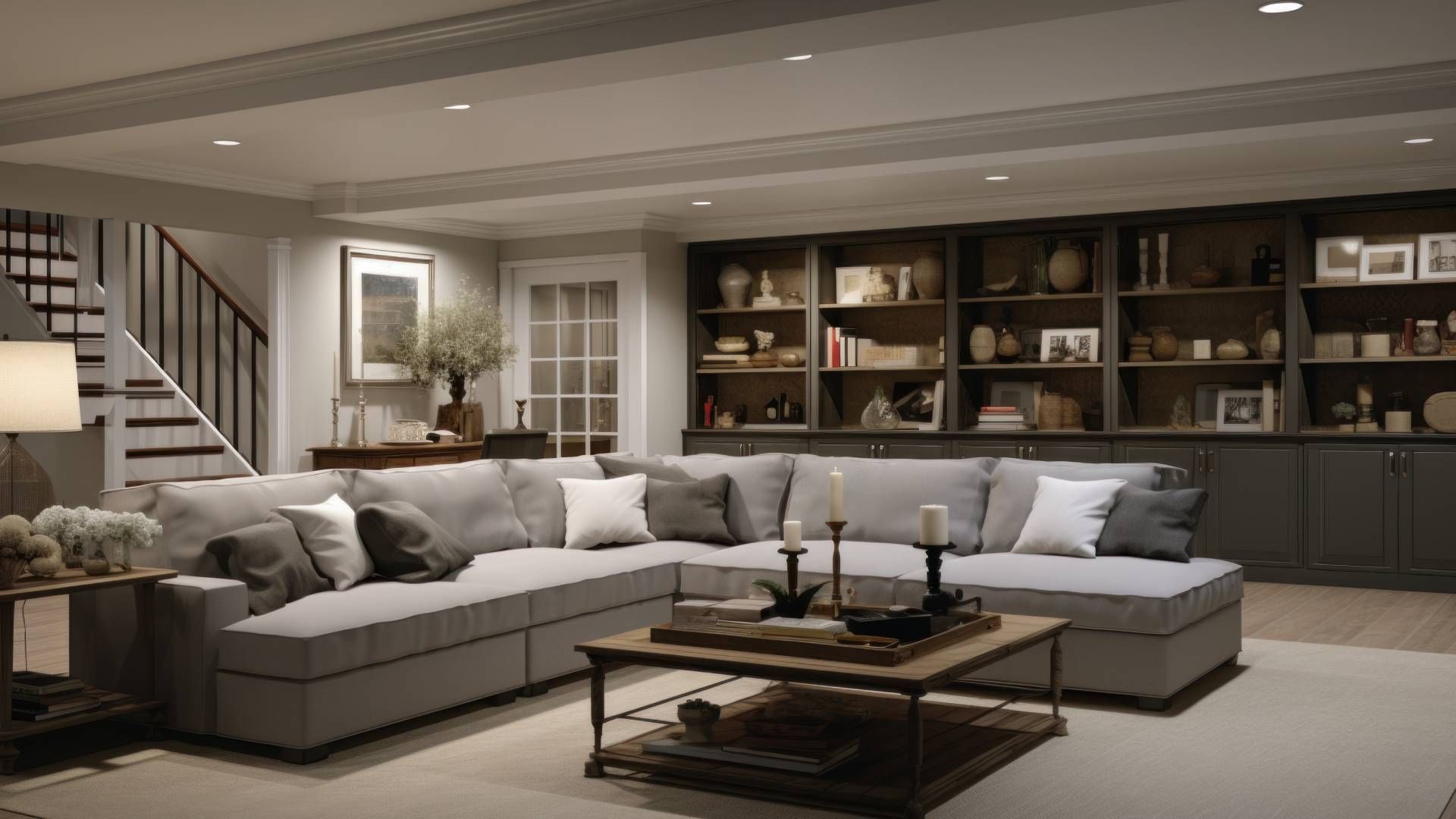 A living room with a large sectional couch and a coffee table.
