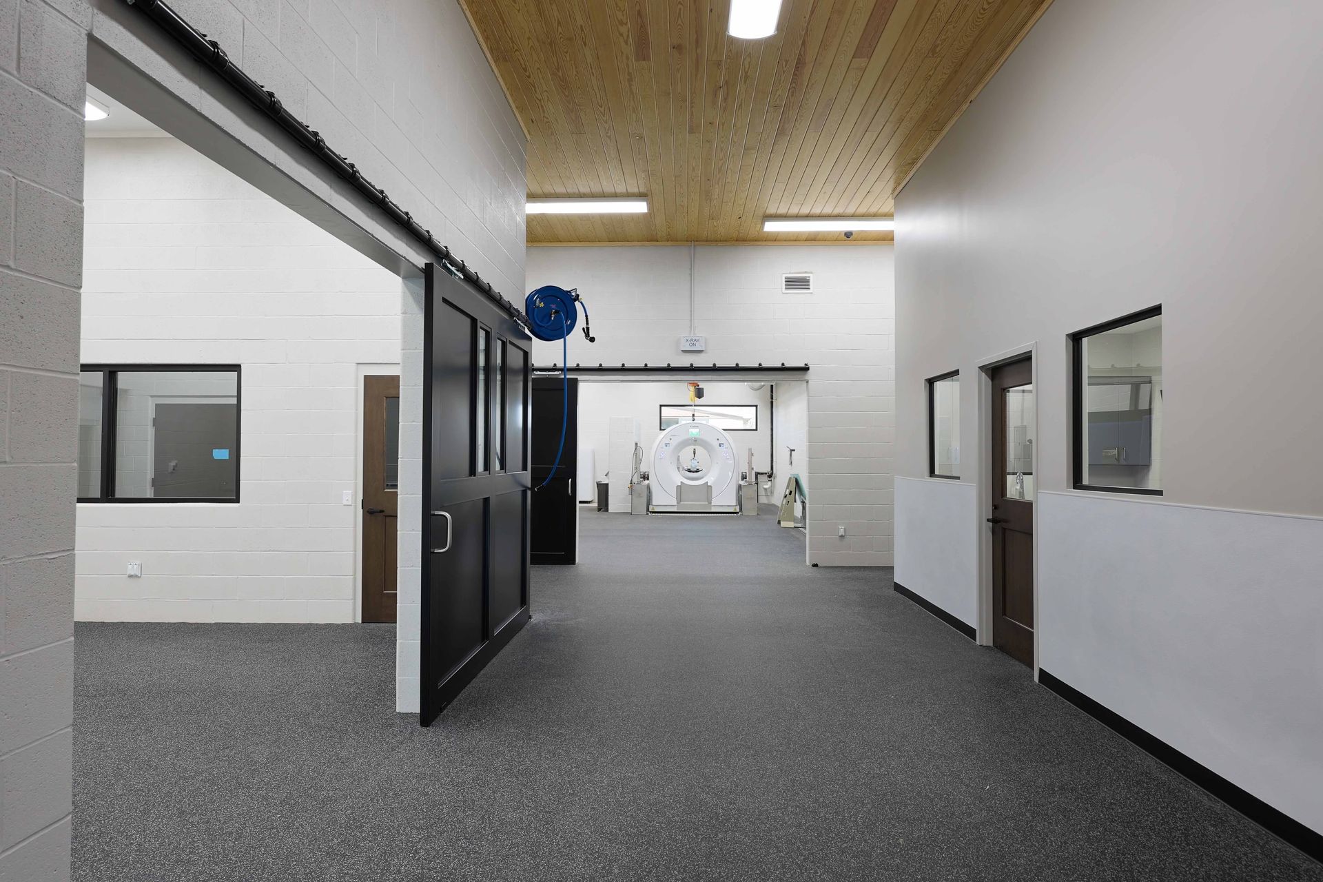 A large empty room with a lot of windows and doors