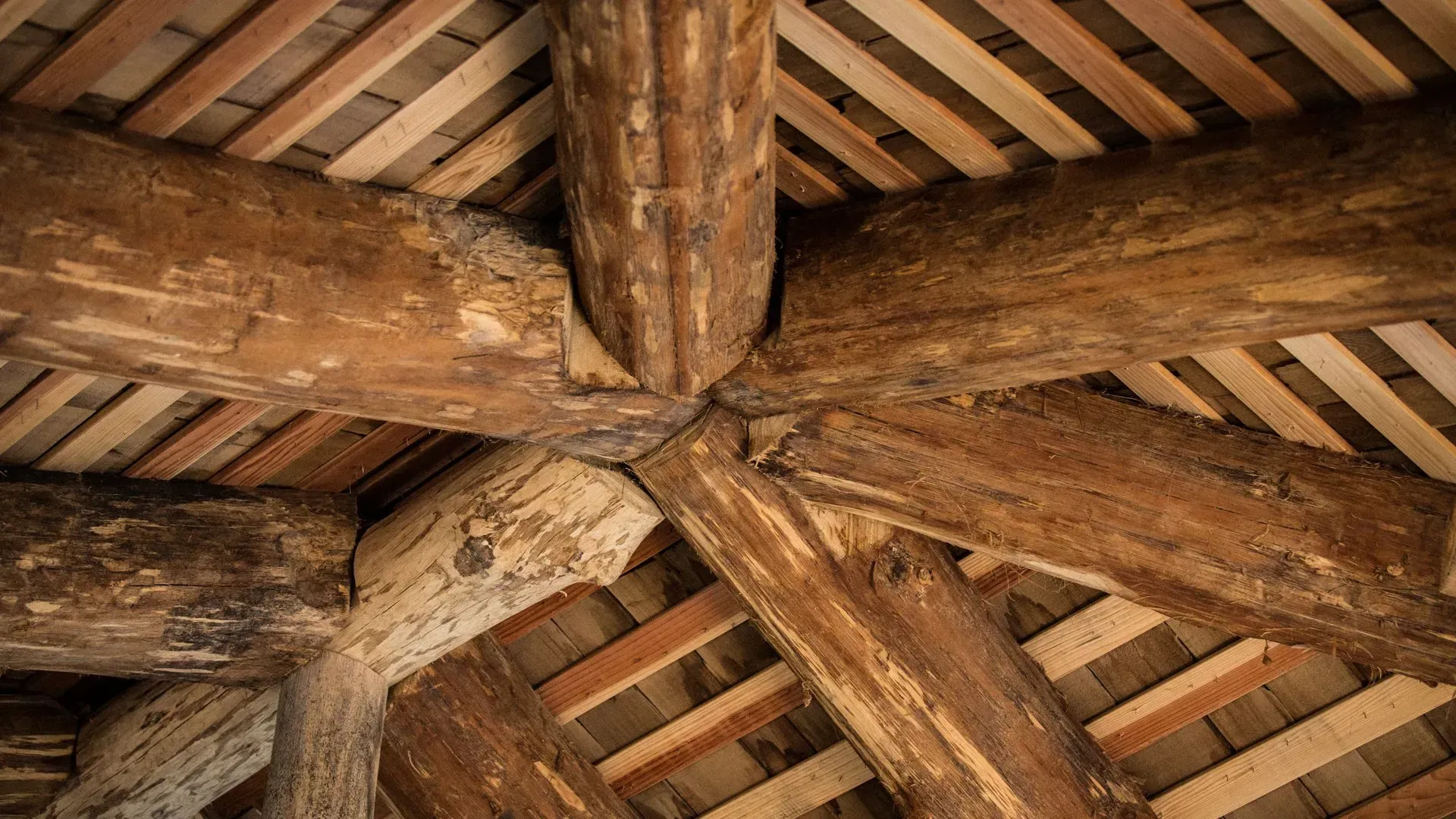 A close up of a wooden ceiling with a lot of wooden beams.