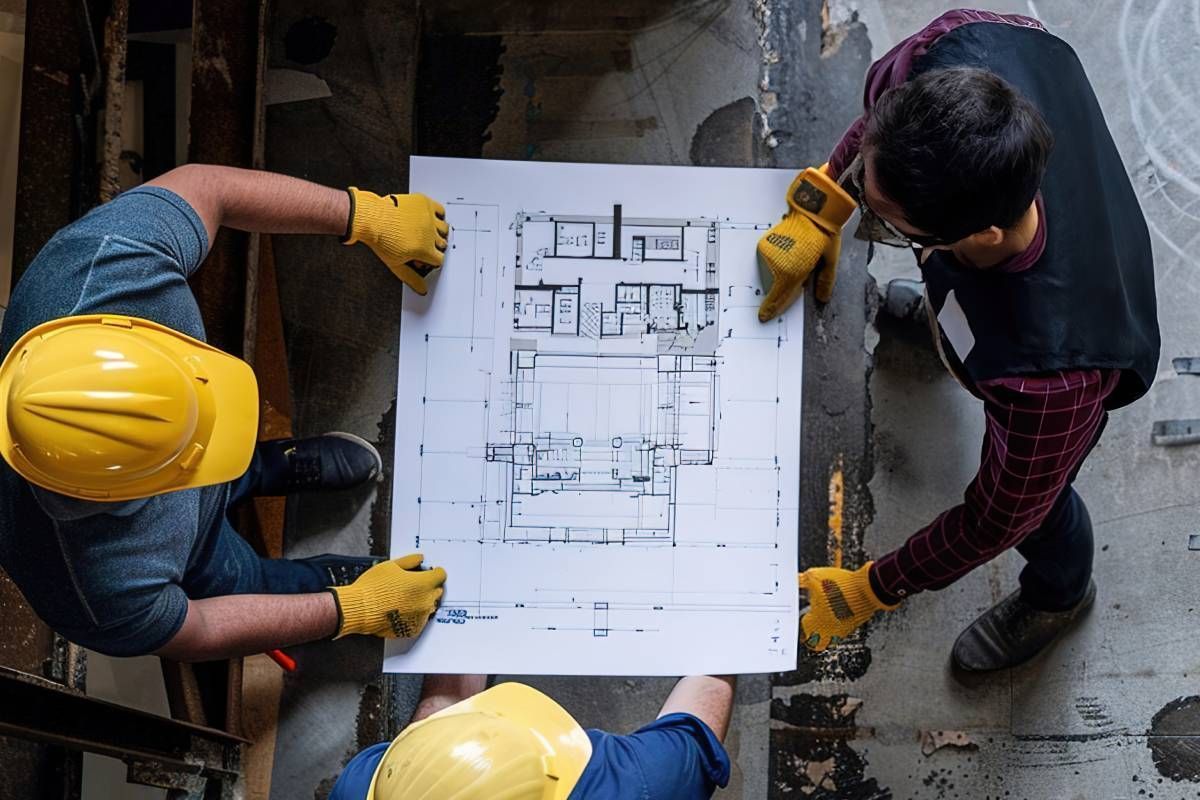 A group of construction workers are looking at a blueprint of a building.