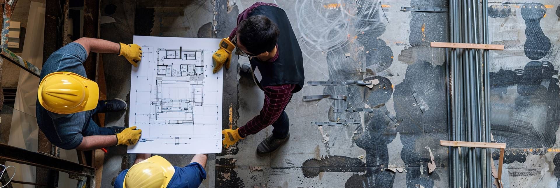 A group of construction workers are looking at a blueprint on a construction site.