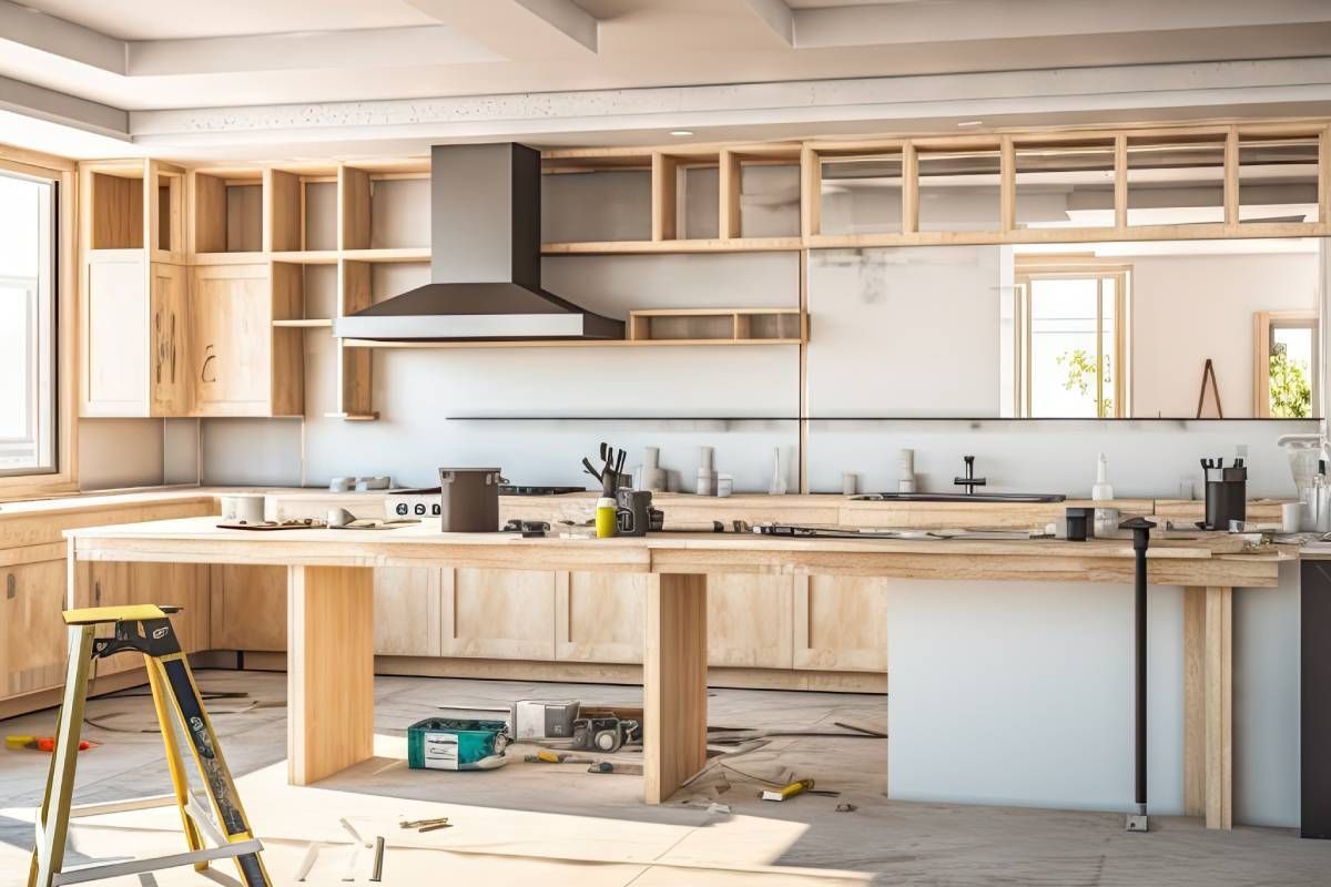 A kitchen under construction with wooden cabinets and a ladder.