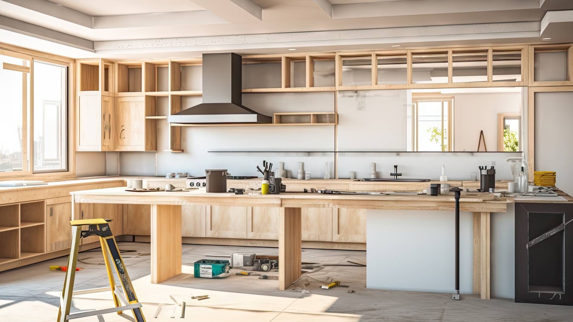 A kitchen under construction with wooden cabinets and a ladder.
