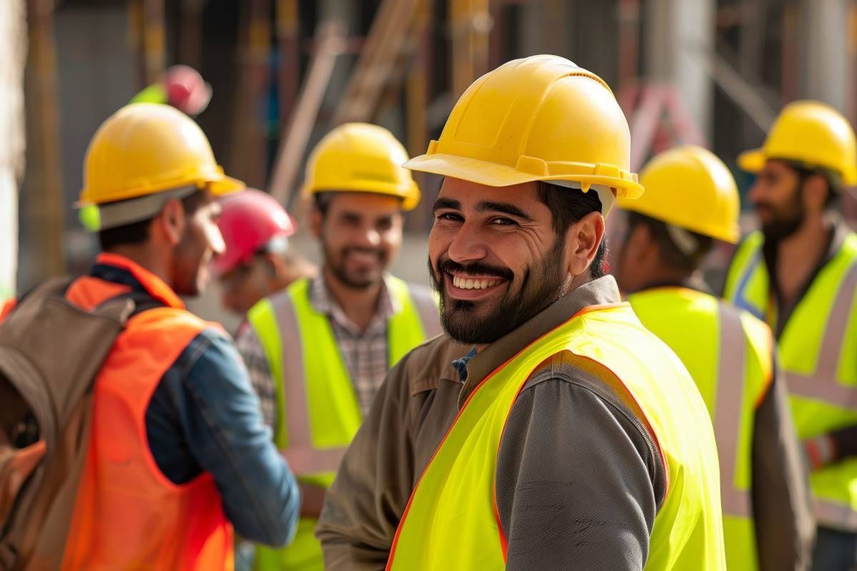 A group of construction workers wearing hard hats and safety vests are standing on a construction site.