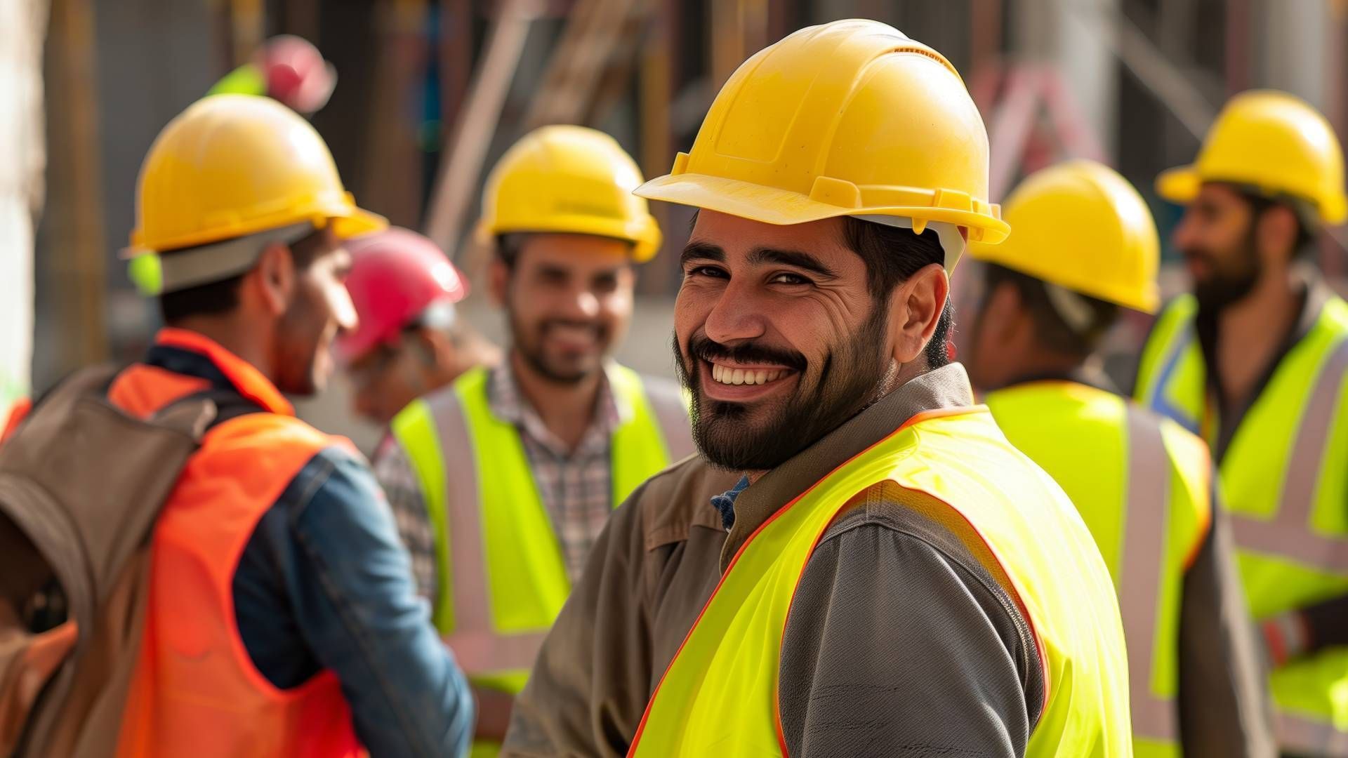 A group of construction workers wearing hard hats and safety vests are standing on a construction site.