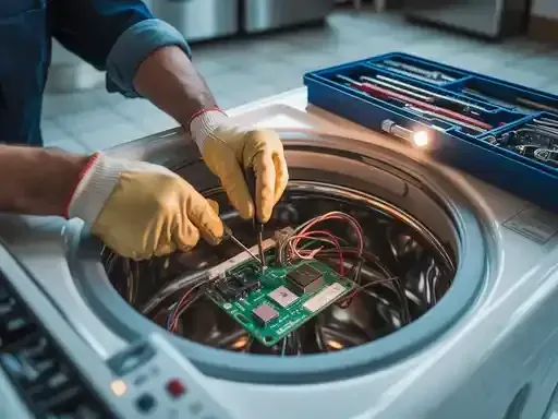 Person repairing a washing machine's circuit board, wearing gloves, with a toolbox nearby.