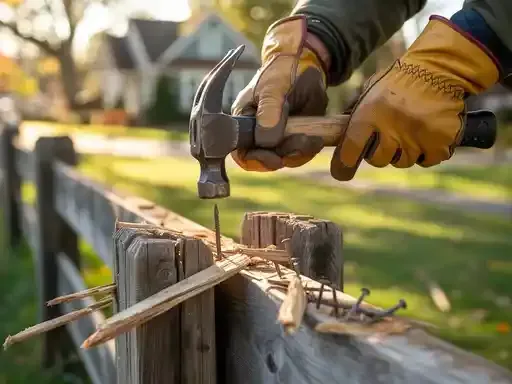 Person with work gloves hammers nails into a wooden fence outdoors.