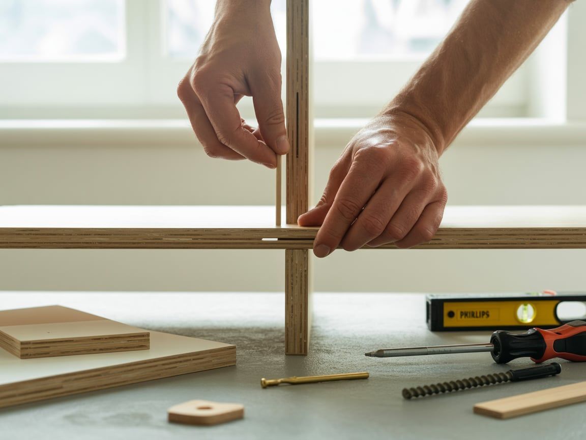 Hands assembling a wooden shelf, tools scattered on a table.