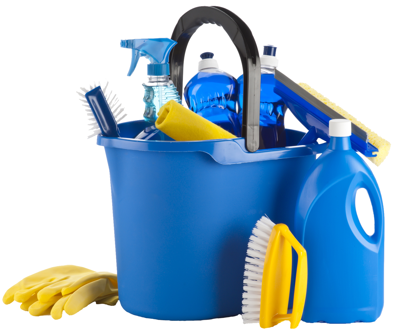 Blue bucket filled with cleaning supplies: spray bottle, brushes, and liquid detergent. Yellow gloves and brush.