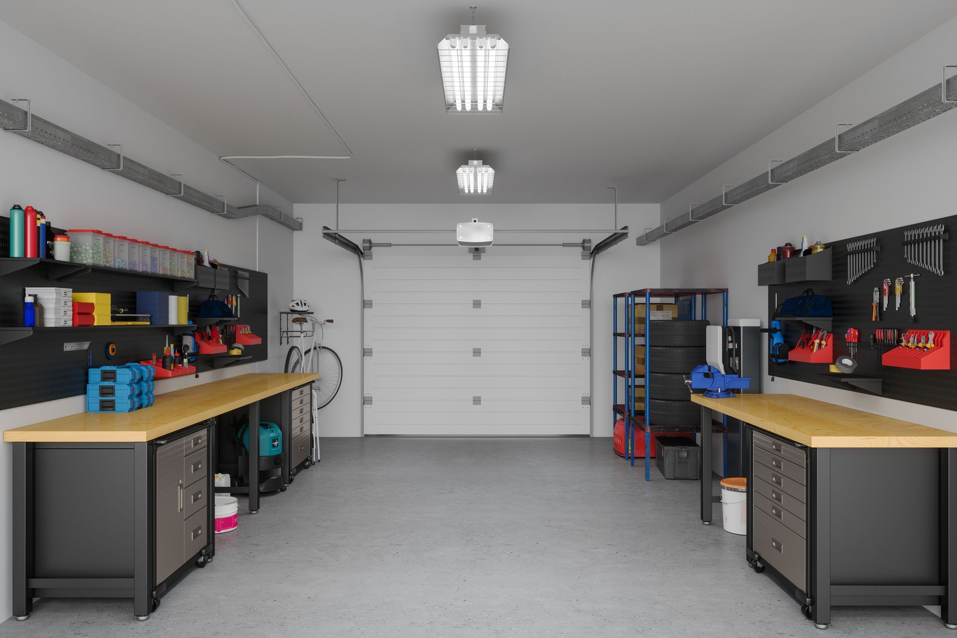 Garage interior with workbenches, tools, shelves, and a closed garage door.