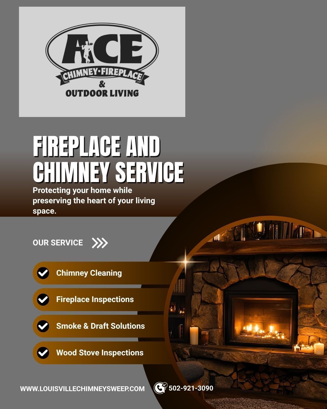 CSIA Certified technician cleaning a wood-burning fireplace and chimney in Louisville, Kentucky.