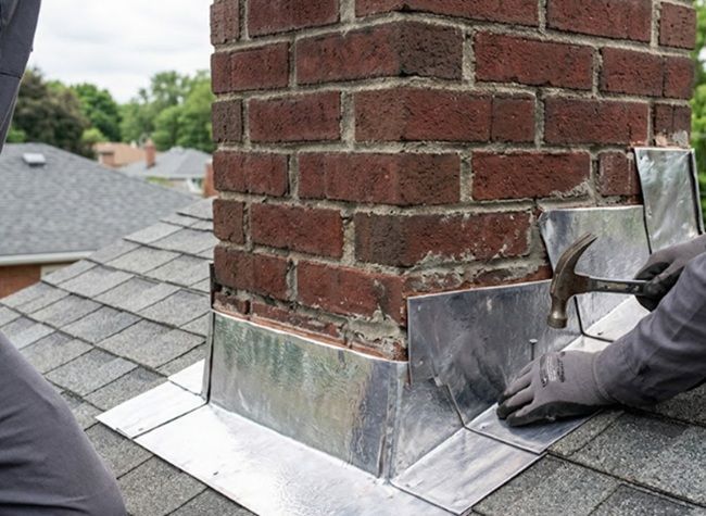 Worker repairing chimney flashing