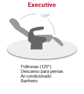 Diagrama de um assento executivo com reclinação de 120 graus, apoio para pernas, ar condicionado e banheiro.
