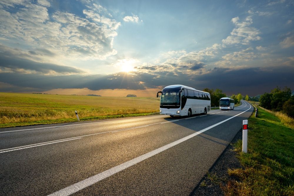 Dois ônibus dirigindo em uma estrada rural, campos verdes sob um céu parcialmente nublado.