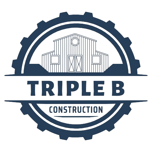 A logo for triple b construction with a barn in the middle of a gear.