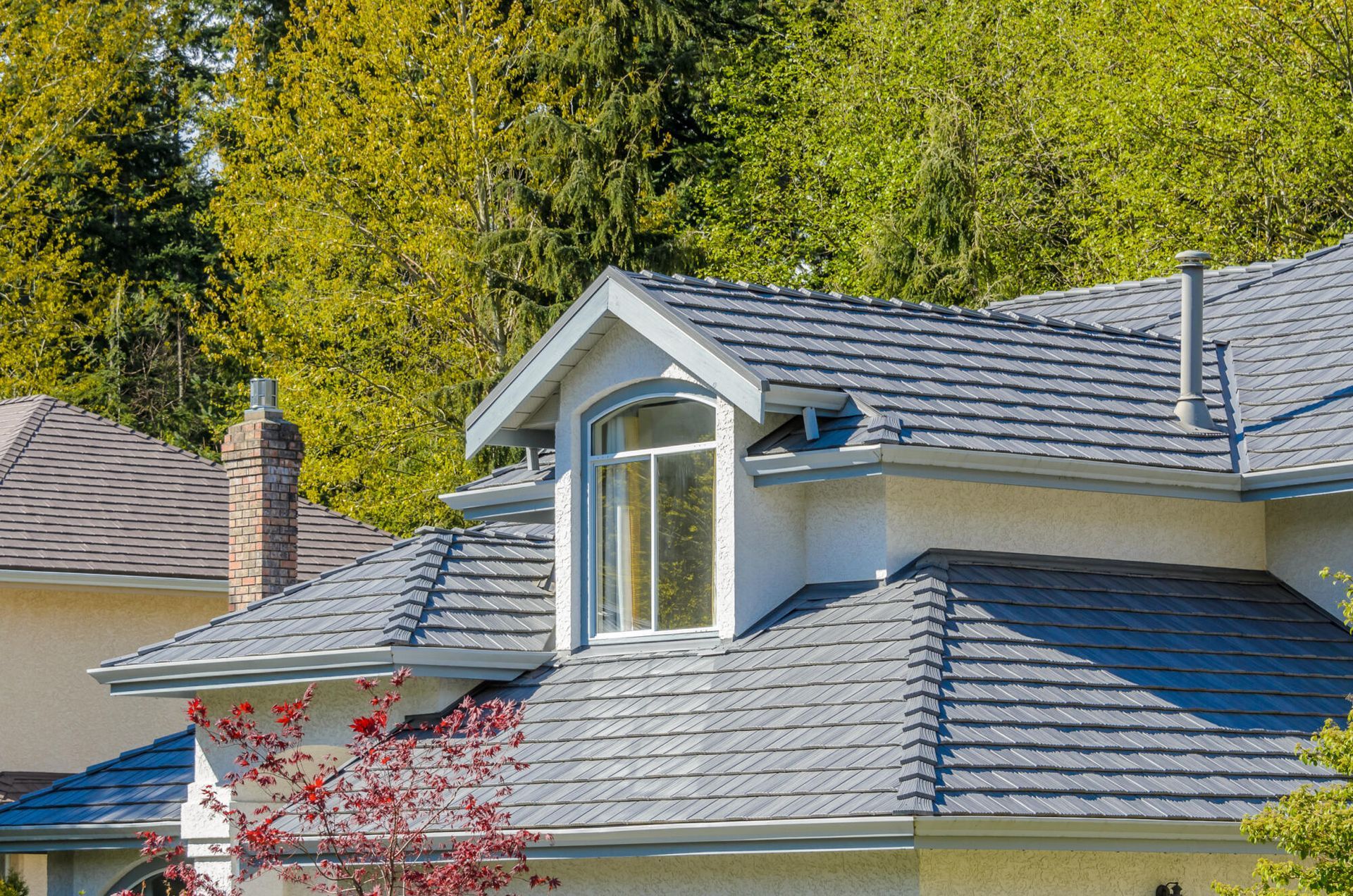 A light-colored house with a dark, textured gabled roof and a dormer window, surrounded by green trees on a sunny day.