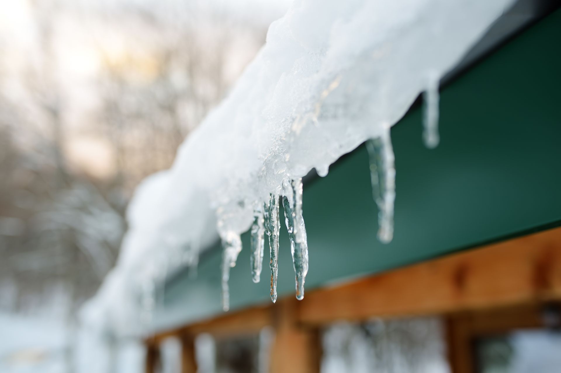 Ice melting off a green roof, forming icicles in a winter setting.