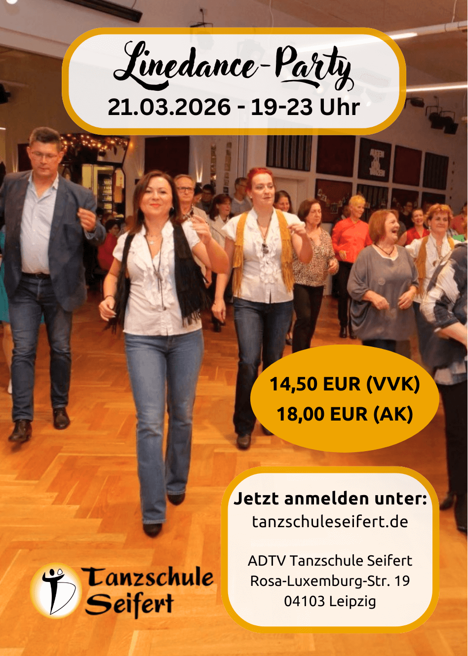 Linedance-Party in der Tanzschule Seifert Leipzig am 21.03.2026, 19-23 Uhr