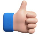 Blue-sleeved hand giving a thumbs-up, light skin tone.