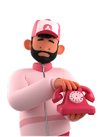 A 3D cartoon man in pink outfit holding a pink rotary phone.