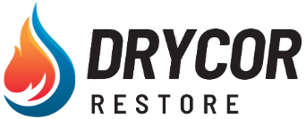 Logo for Drycor Restore. Blue and orange flame graphic, blue "DRYCOR", red "RESTORE".