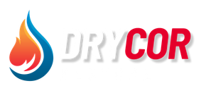 Logo for Drycor Restore. Blue and orange flame graphic, blue "DRYCOR", red "RESTORE".