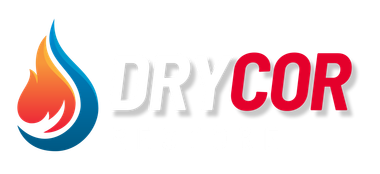 Logo for Drycor Restore. Blue and orange flame graphic, blue "DRYCOR", red "RESTORE".