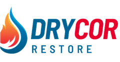 Logo for Drycor Restore. Blue and orange flame graphic, blue 
