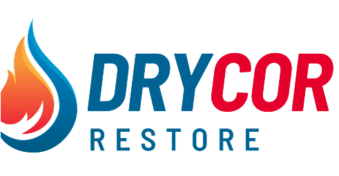 Logo for Drycor Restore. Blue and orange flame graphic, blue 