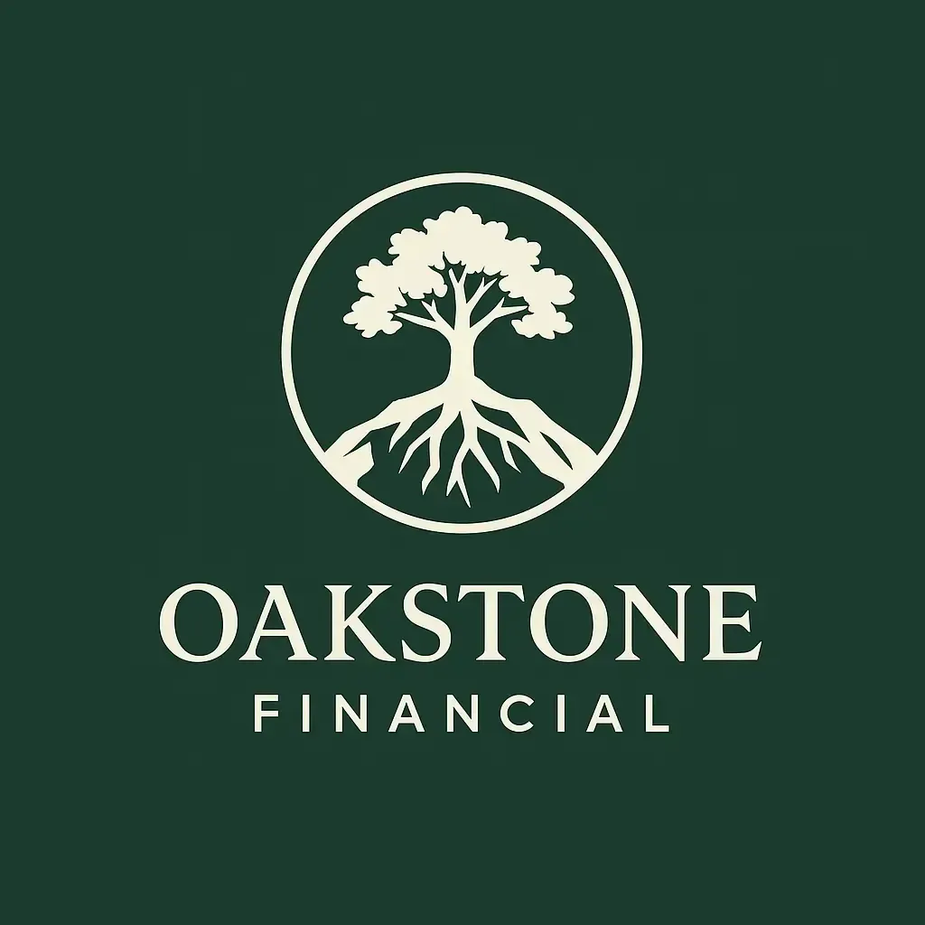 Logo of Oakstone Financial: tree with roots inside a circle, over text "Oakstone Financial."