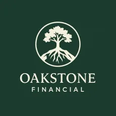 Oakstone Financial logo: white tree within a circle, on a dark green background.